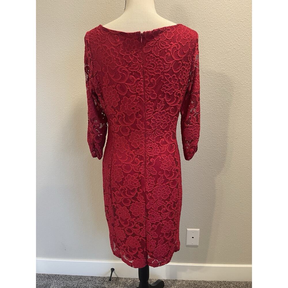 Tahari Arthur Levine Sz 10 Red Lace Cocktail Dress Side Sleeve Ruching Lined - Picture 5 of 11
